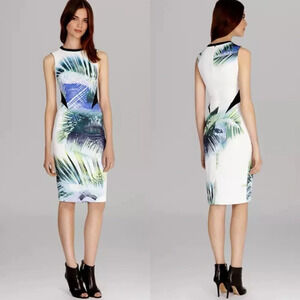 NWOT Karen Millen Signature Stretch palm tree tropical print pencil shift dress